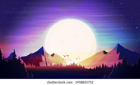 Orange sunset, hilly area, spruce forest, colorful starry sky and mountains on horizon.