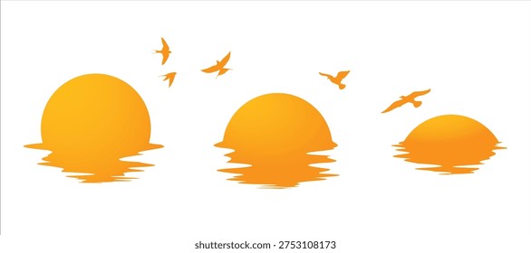Orange sunset icons over ocean waves featuring silhouettes of flying birds, depicting various stages of sundown with soft gradients for travel and nature designs.