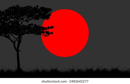 orange sunset landscape with silhouettes of trees and grass