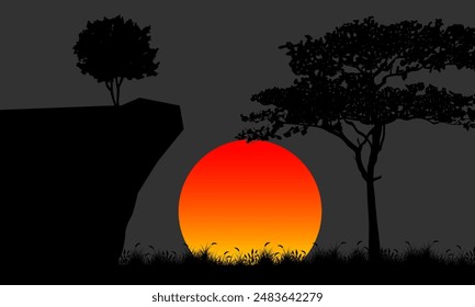 paisaje naranja del atardecer con siluetas de árboles y hierba