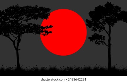 orange sunset landscape with silhouettes of trees and grass