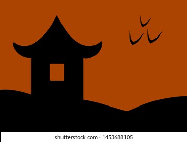 Orange sunset lonely house birds in sky vector illustration fo Halloween