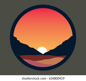 Orange sunset , mountains silhouette, desert landscape
circle frame flat icon, vector nature illustration