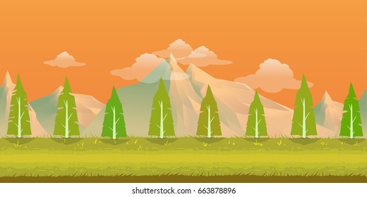 Orange sunset natural background with mountains and clouds on foreground and green road and spruces on foreground. Vector.