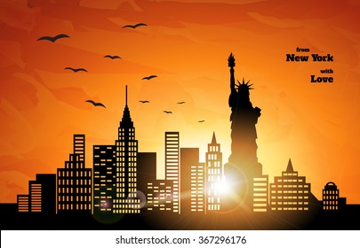 orange sunset in New York, flying birds, vector illustration