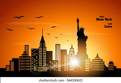 orange sunset in New York, vector illustration