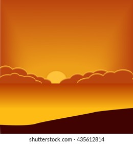 Orange sunset on the coast. Vector Image.
