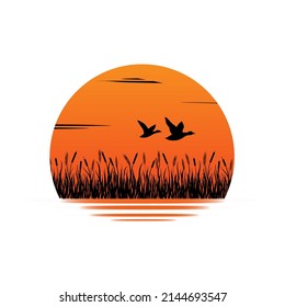 Orange sunset on the river. Cattail grass. Wild ducks are flying. Silhouette on a white background. Vector.