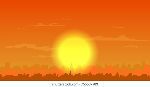 orange sunset sky over city rooftops vector skyline illustration