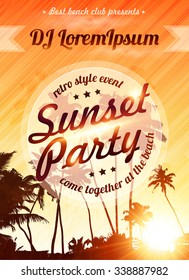 Orange Sunset Sky With Palms Silhouettes Vector Beach Party Poster Template