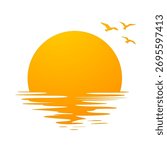 Orange Sunset Or Sundown Icon With Birds