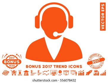 Orange Support Operator pictograph with bonus 2017 trend icon set. Vector illustration style is flat iconic symbols, white background.