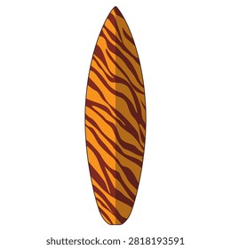 Orange surfboard with dark tiger stripe pattern for surfing and ocean sports recreation