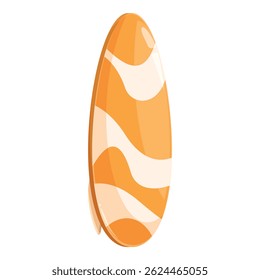 Surfboard laranja com design ondulado branco em pé, evocando sentimentos de verão, praia e surfe