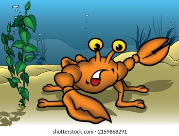 Orange Surprised Crab with Yellow Eyes and Big Pincers - Colored Cartoon Illustration with Background, Vector