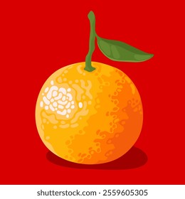 Orange sweet tangerine with green leaves on a bright red background. Symbol of Chinese New Year, Lunar New Year, Tet.