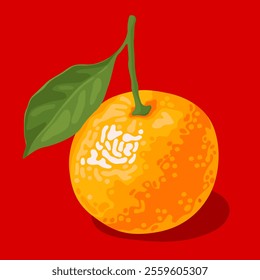 Orange sweet tangerine with green leaves on a bright red background. Symbol of Chinese New Year, Lunar New Year, Tet.