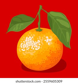 Orange sweet tangerine with green leaves on a bright red background. Symbol of Chinese New Year, Lunar New Year, Tet.