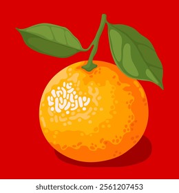 Orange sweet tangerine with green leaves on a bright red background. Symbol of Chinese New Year, Lunar New Year, Tet.