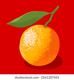 Orange sweet tangerine with green leaves on a bright red background. Symbol of Chinese New Year, Lunar New Year, Tet.