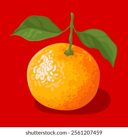 Orange sweet tangerine with green leaves on a bright red background. Symbol of Chinese New Year, Lunar New Year, Tet.