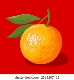 Orange sweet tangerine with green leaves on a bright red background. Symbol of Chinese New Year, Lunar New Year, Tet.