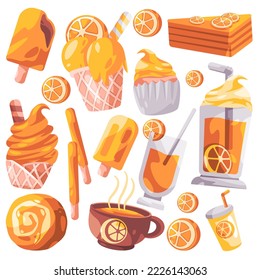 Orange sweets cake ice cream and beverages cartoon illustration set collection