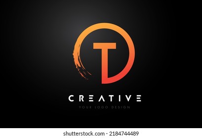 Orange T Circular Letter Logo with Circle Brush Design and Black Background.