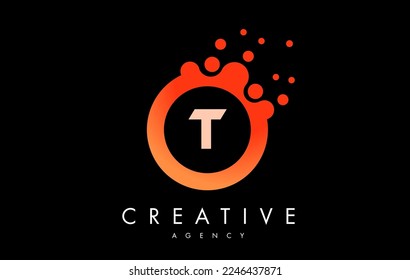 Logo de la carta naranja t puntos. Ilustración del vector de diseño de burbujas azules.