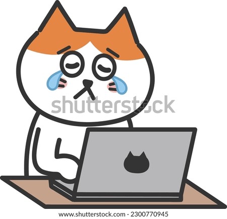 Orange tabby cartoon cat crying while using a computer, vector illustration.