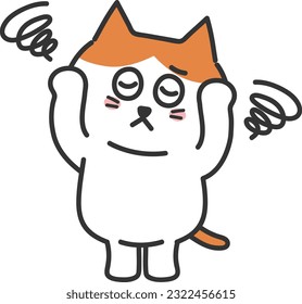 Orange tabby cartoon cat feeling dizzy, vector illustration.