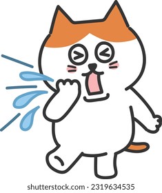 Orange tabby cartoon cat giving a violent sneeze. Vector illustration.