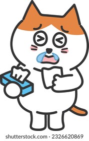 Orange tabby cartoon cat has a running nose with tissues, vector illustration.