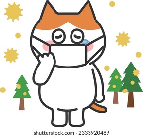 Orange tabby cartoon cat has hay fever, vector illustration.