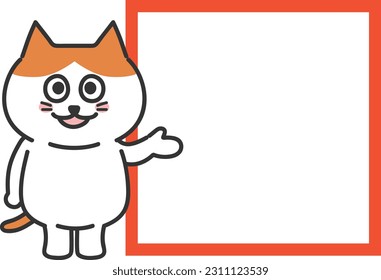 Orange tabby cartoon cat introducing delighted something with a blank sign, vector illustration.