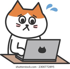 Orange tabby cartoon cat sudando mientras usa una computadora, ilustración vectorial.
