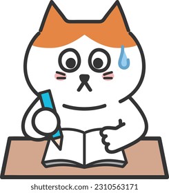 Orange tabby cartoon cat taking notes timidly with sweat, vector illustration.