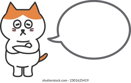 Orange tabby cartoon cat thinking something with folding arms and a speech bubble, vector illustration.