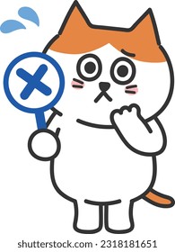 Orange tabby cartoon cat in trouble makes a mistake, vector illustration.