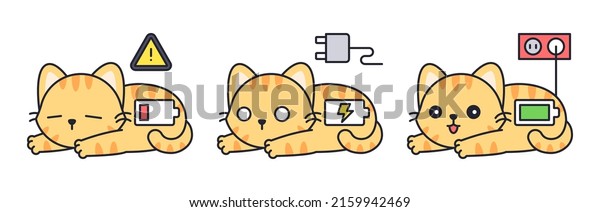 Orange tabby cat with battery charging icon\
set, vector\
illustration