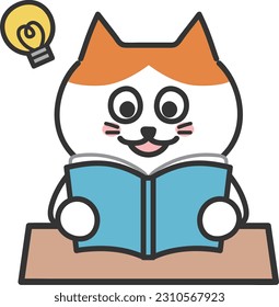 Orange tabby cat having an idea while reading a book, vector illustration.