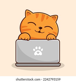 Orange Tabby Cat Hide Behind Laptop Cartoon - Orange Striped Pussy Cat Kitty Vector