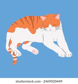 An orange tabby cat lies on the floor. Cute pet. Flat cartoon style. Vector illustration isolated on white.