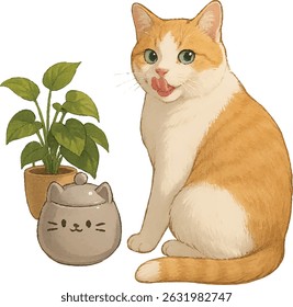 Orange Tabby Cat with Plant and Cat Mug – Cozy Lifestyle Vector Illustration