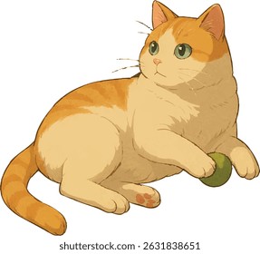 Orange Tabby Cat Playing with Green Ball – Vector Illustration on Transparent Background