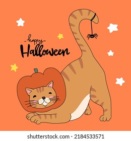 Orange tabby cat in pumpkin Halloween costume cartoon vector illustration	
