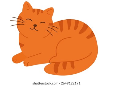Gato de mesa laranja dormindo com os olhos fechados, apertando os olhos e sorrindo. Feliz animal de estimação. Ilustração de animal de estimação bonito para livros infantis, cartão de saudação.