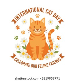 An orange tabby cat is surrounded by white daisies and colorful paw prints with holiday text. Ideal for blog headers, animal welfare ads, and cat lover posters.