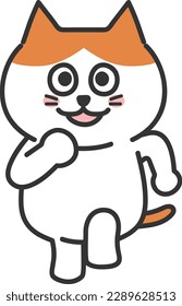 Una mesa naranja y un gato blanco corriendo alegremente