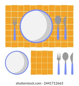 Mantel naranja con rayas blancas a cuadros, plato blanco y utensilios como tenedor, cuchillo y cuchara, que representa una tela de picnic para una mesa de comida decorada, ilustración vectorial abstracta